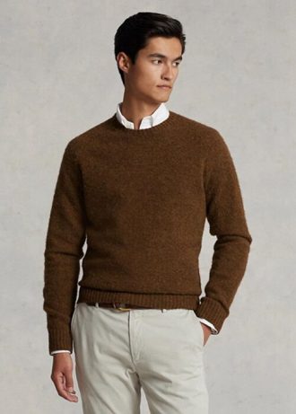 Ruskeat miesten Ralph Lauren mokkanahkaiset villaiset neulepuserot Ruskeat miesten Ralph Lauren mokkanahkaiset villaiset neulepuserot