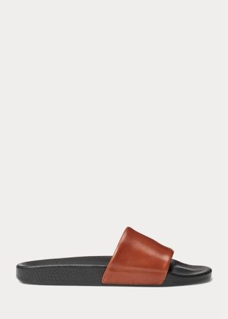 Ruskeat miesten Ralph Lauren Signature Pony -nahkaiset tossut Ruskeat miesten Ralph Lauren Signature Pony -nahkaiset tossut