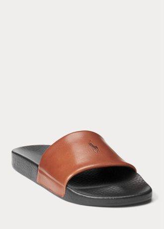 Ruskeat miesten Ralph Lauren Signature Pony -nahkaiset tossut Ruskeat miesten Ralph Lauren Signature Pony -nahkaiset tossut