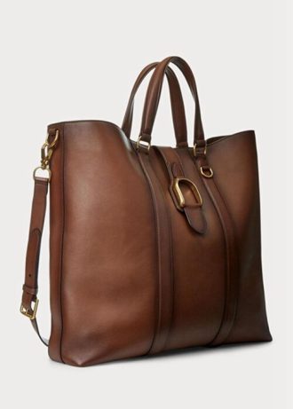 Ruskeat miesten Ralph Lauren Welingtonin kiillotetut vasikannahkaiset kantolaukut