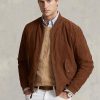 Ruskeat miesten Ralph Laurenin mokkanahkaiset Bomber-takit Ruskeat miesten Ralph Laurenin mokkanahkaiset Bomber-takit