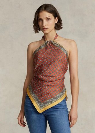 Ruskeat naisten Ralph Lauren Huivi-aiheiset Mulberry Silk Halter Topit Ruskeat naisten Ralph Lauren Huivi-aiheiset Mulberry Silk Halter Topit