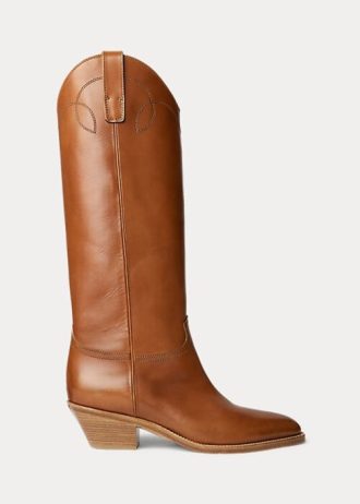Ruskeat naisten Ralph Lauren Jaelynne kiillotetut vasikanahkaiset korkeat saappaat