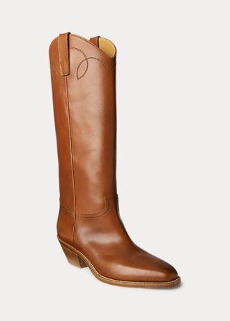 Ruskeat naisten Ralph Lauren Jaelynne kiillotetut vasikanahkaiset korkeat saappaat