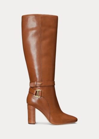 Ruskeat naisten Ralph Lauren Makenna kiillotetut nahkaiset ratsasaappaat