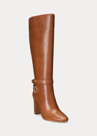 Ruskeat naisten Ralph Lauren Makenna kiillotetut nahkaiset ratsasaappaat