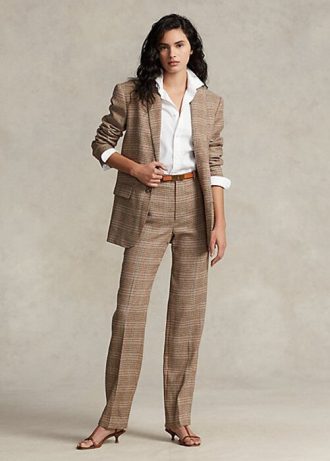 Ruskeat naisten Ralph Lauren Plaid villa-pellava Tweed suoralahkeiset housut Ruskeat naisten Ralph Lauren Plaid villa-pellava Tweed suoralahkeiset housut