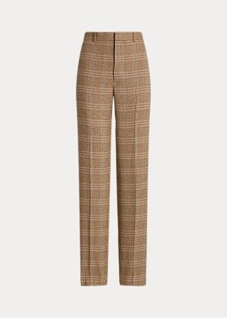 Ruskeat naisten Ralph Lauren Plaid villa-pellava Tweed suoralahkeiset housut Ruskeat naisten Ralph Lauren Plaid villa-pellava Tweed suoralahkeiset housut