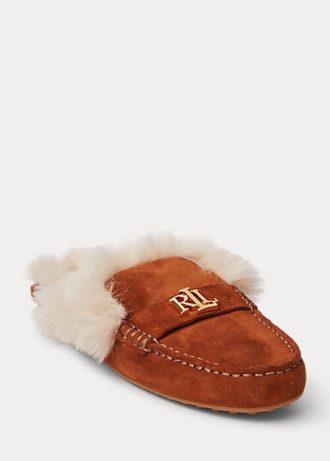 Ruskeat naisten Ralph Lauren Savanah tekoturkiksella koristeltut mokkanahkaiset tasaiset kengät
