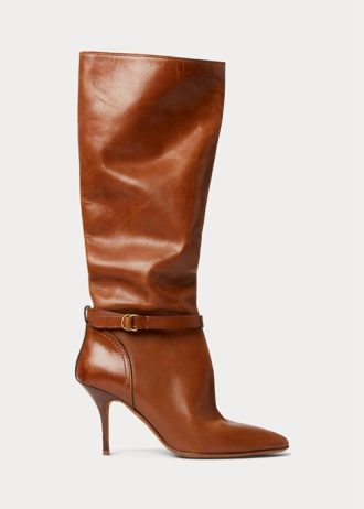 Ruskeat naisten Ralph Lauren Zoe pitkät vasikanahkaiset nahkasaappaat Ruskeat naisten Ralph Lauren Zoe pitkät vasikanahkaiset nahkasaappaat