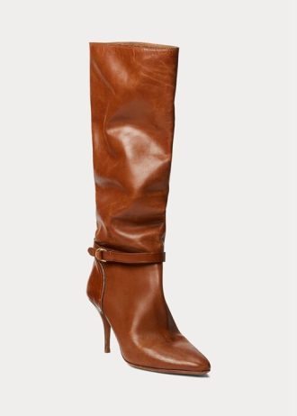Ruskeat naisten Ralph Lauren Zoe pitkät vasikanahkaiset nahkasaappaat Ruskeat naisten Ralph Lauren Zoe pitkät vasikanahkaiset nahkasaappaat