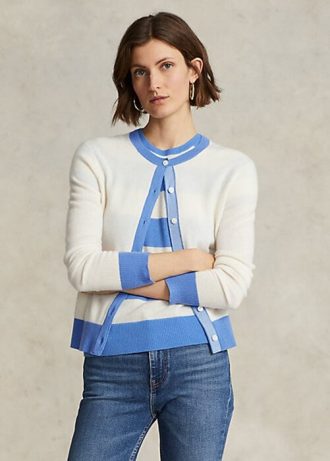 Sininen/kermanväriset naisten Ralph Lauren Crest Cashmere -neulepuserot Sininen/kermanväriset naisten Ralph Lauren Crest Cashmere -neulepuserot