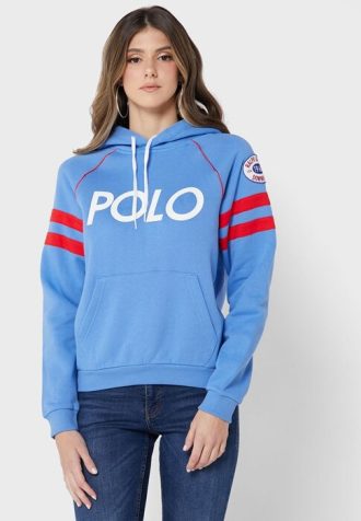 Sininen naisten Ralph Lauren Graphic -neulottu huppari Sininen naisten Ralph Lauren Graphic -neulottu huppari