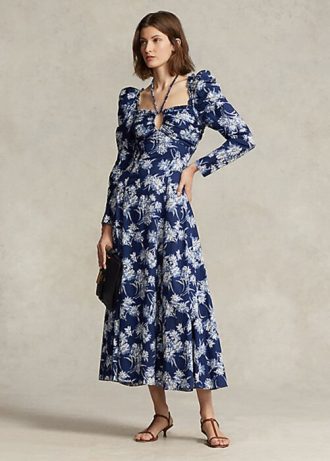 Sininen naisten Ralph Lauren kukkapuuvillainen riimu-solmio mekko