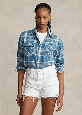 Sininen naisten Ralph Lauren Plaid Cotton Twill High-Low paidat