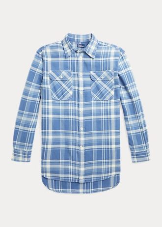 Sininen naisten Ralph Lauren Plaid Cotton Twill High-Low paidat