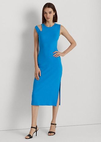 Sininen naisten Ralph Lauren puuvillasekoite hihaton midi-mekko