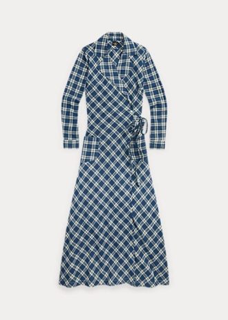 Sininen naisten Ralph Lauren ruudullinen puuvillainen voile-mekko