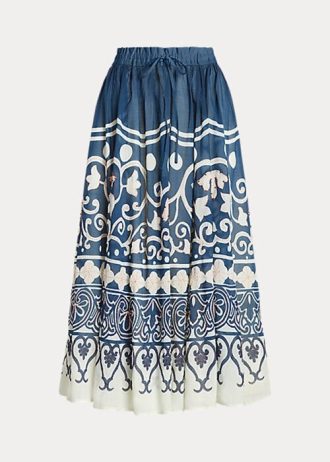 Sininen/valkoinen naisten Ralph Lauren -kuvioiset helmillä varustetut Voile A-linjaiset hameet