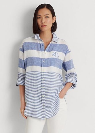 Sininen / valkoinen Naisten Ralph Lauren Striped Oversize Pellavapaidat