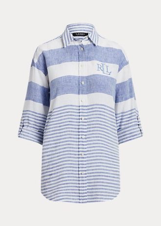 Sininen / valkoinen Naisten Ralph Lauren Striped Oversize Pellavapaidat