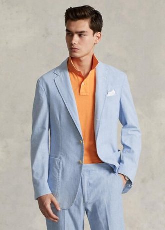 Siniset miesten Ralph Lauren Chambray -puvun bleiserit Siniset miesten Ralph Lauren Chambray -puvun bleiserit