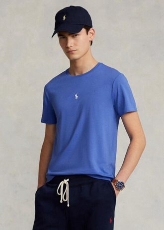 Siniset miesten Ralph Lauren mukautetut Slim Fit Crewneck T-paidat Siniset miesten Ralph Lauren mukautetut Slim Fit Crewneck T-paidat