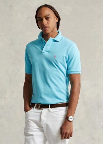Siniset miesten Ralph Lauren mukautetut Slim Fit mesh poolopaidat Siniset miesten Ralph Lauren mukautetut Slim Fit mesh poolopaidat