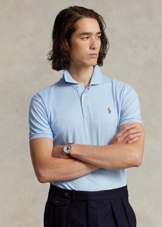Siniset miesten Ralph Lauren mukautetut Slim Fit pehmeät puuvillaiset poolopaidat Siniset miesten Ralph Lauren mukautetut Slim Fit pehmeät puuvillaiset poolopaidat