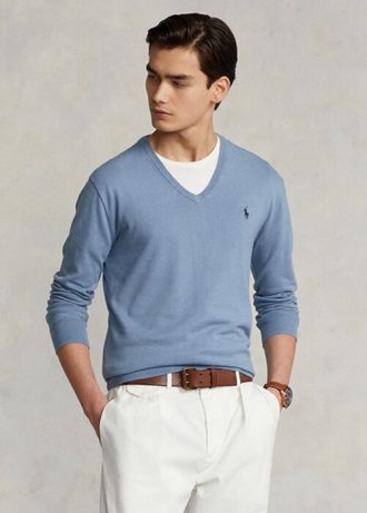Siniset miesten Ralph Lauren Slim Fit -kuvioidut puuvillaneulepuserot Siniset miesten Ralph Lauren Slim Fit -kuvioidut puuvillaneulepuserot