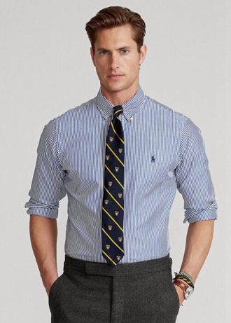 Siniset miesten Ralph Lauren Slim Fit raidalliset Poplin-muodolliset paidat Siniset miesten Ralph Lauren Slim Fit raidalliset Poplin-muodolliset paidat
