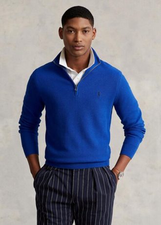 Siniset miesten Ralph Lauren verkkoneulotut puuvillaiset neulepuserot Siniset miesten Ralph Lauren verkkoneulotut puuvillaiset neulepuserot