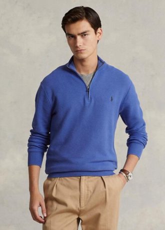 Siniset miesten Ralph Lauren verkkoneulotut puuvillaiset neulepuserot Siniset miesten Ralph Lauren verkkoneulotut puuvillaiset neulepuserot