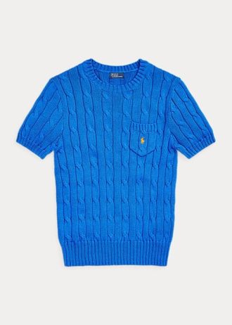 Siniset naisten Ralph Lauren kaapeli-neulotut puuvillaiset lyhythihaiset neuleet Siniset naisten Ralph Lauren kaapeli-neulotut puuvillaiset lyhythihaiset neuleet