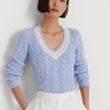 Siniset naisten Ralph Lauren kaapelineulotut krikettipuserot Siniset naisten Ralph Lauren kaapelineulotut krikettipuserot