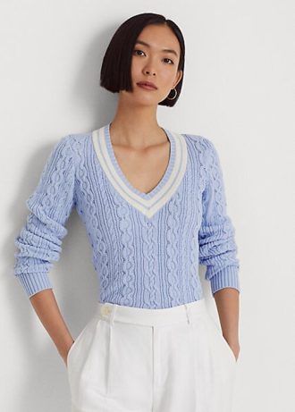 Siniset naisten Ralph Lauren kaapelineulotut krikettipuserot Siniset naisten Ralph Lauren kaapelineulotut krikettipuserot