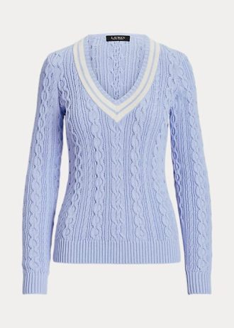 Siniset naisten Ralph Lauren kaapelineulotut krikettipuserot Siniset naisten Ralph Lauren kaapelineulotut krikettipuserot