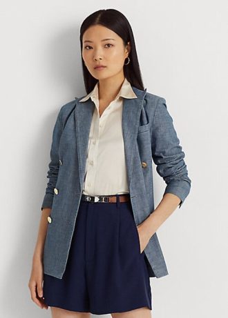 Siniset naisten Ralph Lauren -kaksiriviset Chambray-bleiserit Siniset naisten Ralph Lauren -kaksiriviset Chambray-bleiserit