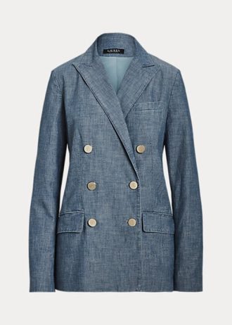 Siniset naisten Ralph Lauren -kaksiriviset Chambray-bleiserit Siniset naisten Ralph Lauren -kaksiriviset Chambray-bleiserit