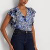 Siniset naisten Ralph Lauren kukkaiset ryppyiset Georgette-paidat Siniset naisten Ralph Lauren kukkaiset ryppyiset Georgette-paidat