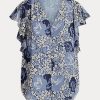 Siniset naisten Ralph Lauren kukkaiset ryppyiset Georgette-paidat Siniset naisten Ralph Lauren kukkaiset ryppyiset Georgette-paidat