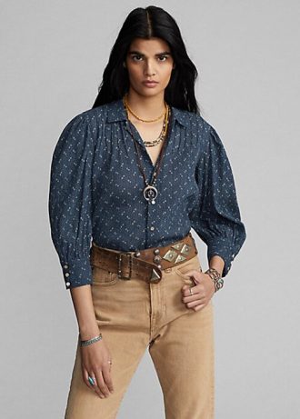 Siniset naisten Ralph Lauren kukkaiset ryppyiset puuvillaiset Voile-puseropaidat