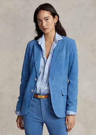 Siniset naisten Ralph Lauren lampaannahkaiset mokkanahkaiset bleiserit Siniset naisten Ralph Lauren lampaannahkaiset mokkanahkaiset bleiserit