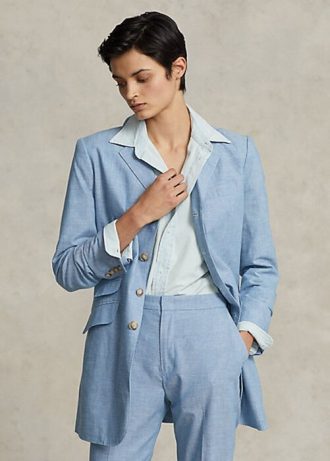 Siniset naisten Ralph Lauren pitkät Chambray-puuvillableiserit Siniset naisten Ralph Lauren pitkät Chambray-puuvillableiserit