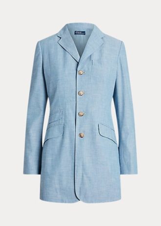 Siniset naisten Ralph Lauren pitkät Chambray-puuvillableiserit Siniset naisten Ralph Lauren pitkät Chambray-puuvillableiserit