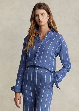 Siniset naisten Ralph Lauren Relaxed Fit raidalliset pellavapaidat