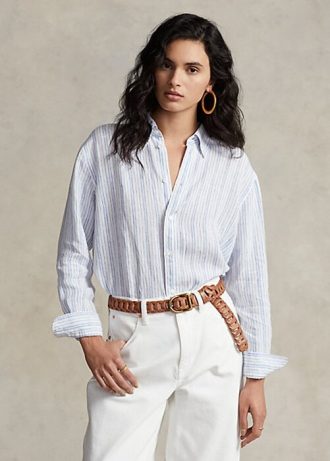 Siniset naisten Ralph Lauren Relaxed Fit raidalliset pellavapaidat