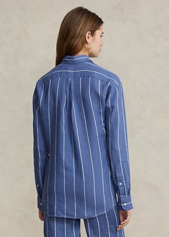 Siniset naisten Ralph Lauren Relaxed Fit raidalliset pellavapaidat