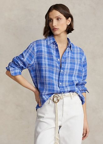 Siniset naisten Ralph Lauren Relaxed Fit -ruudulliset pellavapaidat