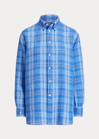 Siniset naisten Ralph Lauren Relaxed Fit -ruudulliset pellavapaidat
